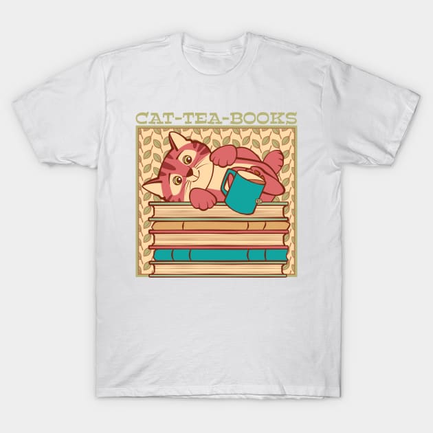 Cat Tea Books T-Shirt by Sue Cervenka